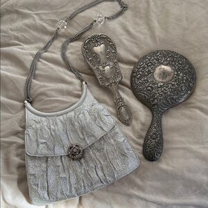 Elegant Silver Women's vintage bag, brush and mirror
